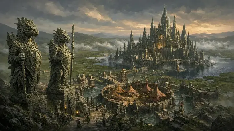 Painting of a walled lizardfolk city on misty moors with ancient reptile statues and an arena of tents