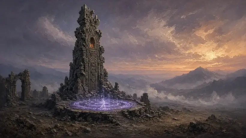 Painting of a lone ruined stone tower above a glowing purple rune circle at sunset