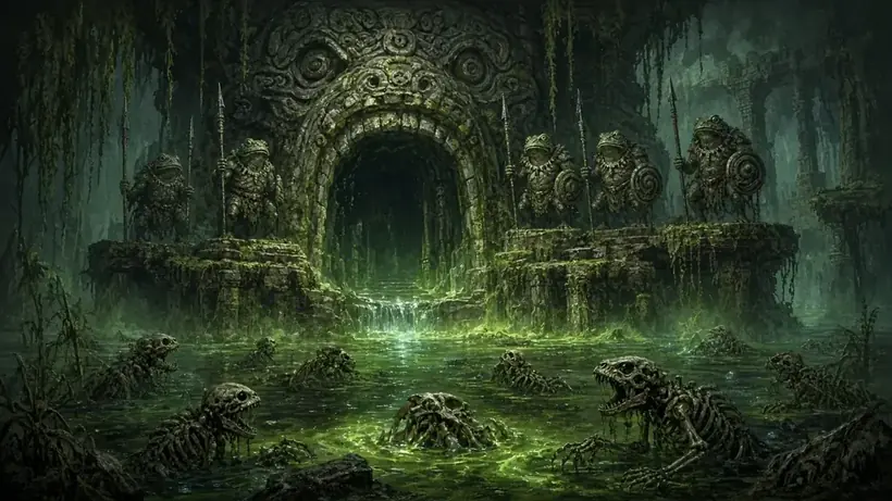 Painting of frog-folk spearmen at a carved stone gate above green water full of skeletal frog-folk