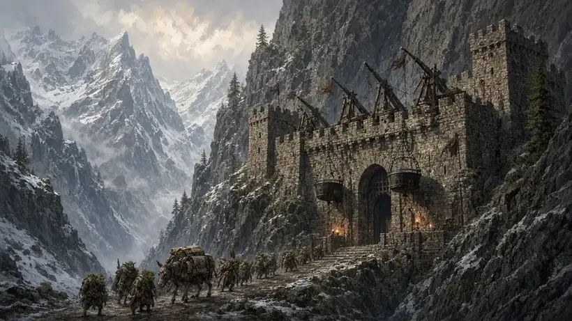 Painting of a stone fortress with catapults guarding a narrow snowy mountain pass as goblins approach