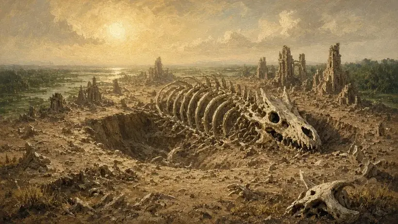 Painting of a vast dry crater strewn with bleached bones and a giant dragon skull among crumbling ruins under a hazy sun