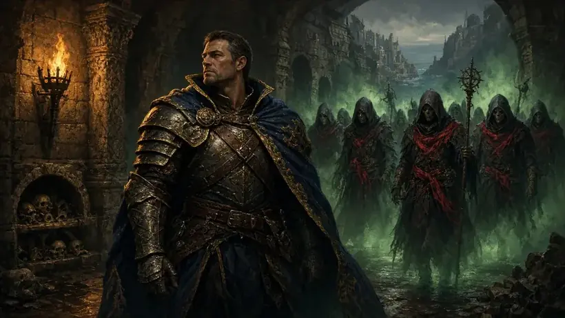 Painting of an armoured commander in a blue cloak in a catacomb with hooded red-sashed cultists in green mist