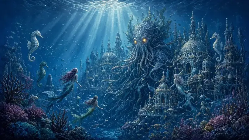 Painting of a giant tentacled sea lord in a sunken palace circled by mermaids and seahorses