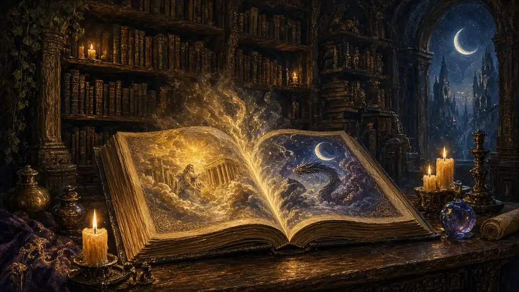 Original painting of a glowing open book of lore in a candle-lit library