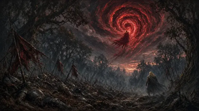 Painting of a dark forest battlefield where a crimson rift in the stormy sky swallows a glowing figure above fallen soldiers