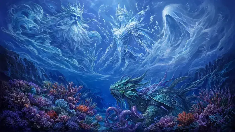 Painting of three water gods of sea, ice and mist above a coral reef guarded by a sea-creature chimera