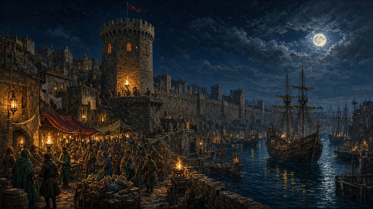 Night harbor city with ships and torch-lit market
