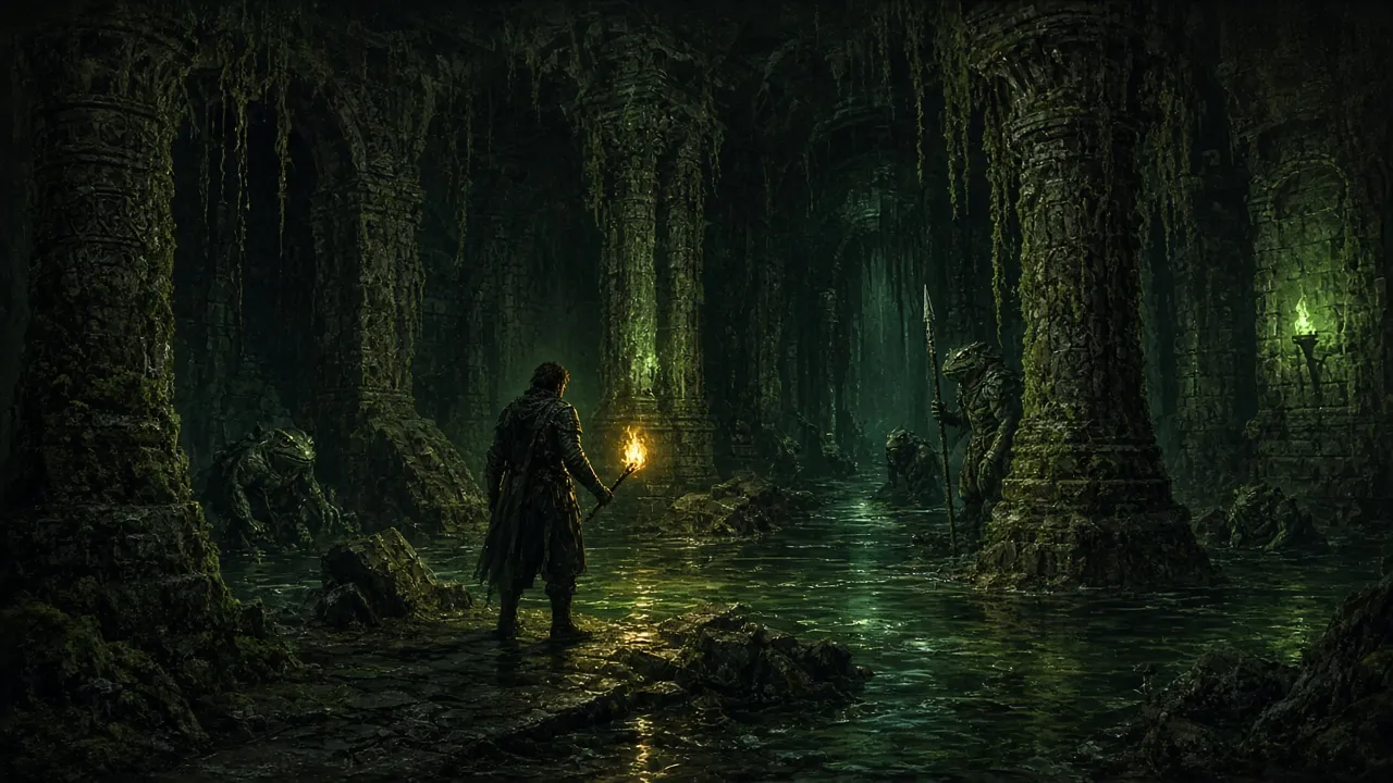 Flooded green-lit dungeon with frog-like guards