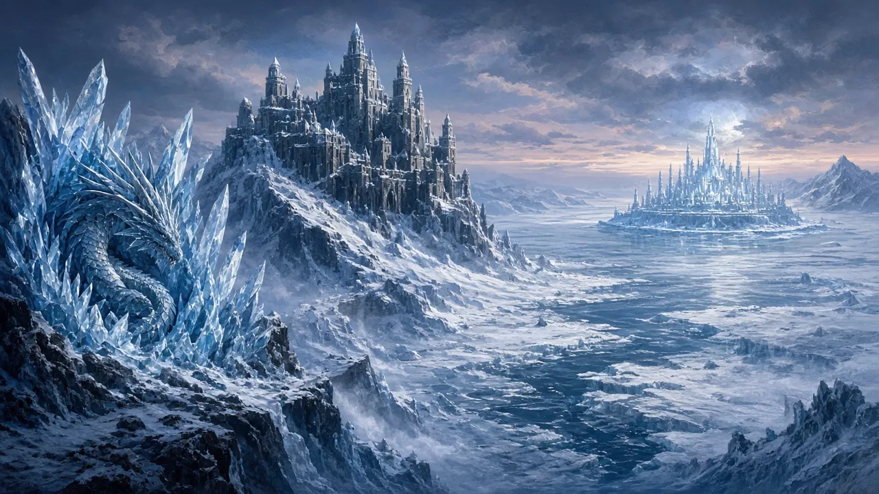 Ice-covered continent with crystal dragon and frozen castle