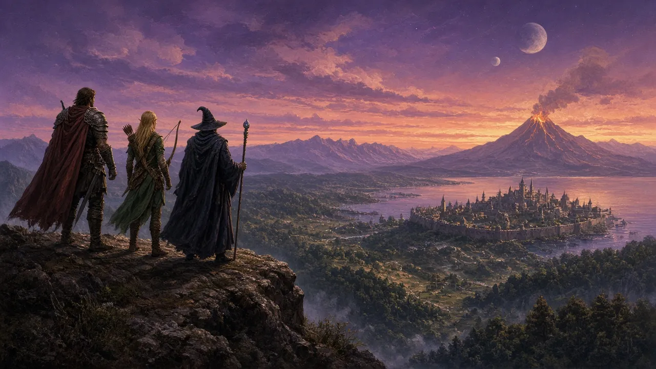 Three adventurers on a cliff overlooking a fantasy world at dusk