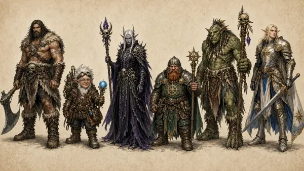 Lineup of fantasy heroes of six races