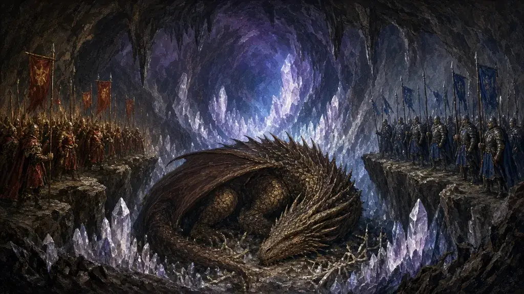 Painting of an ancient dragon sleeping in a crystal cavern as two rival armies watch