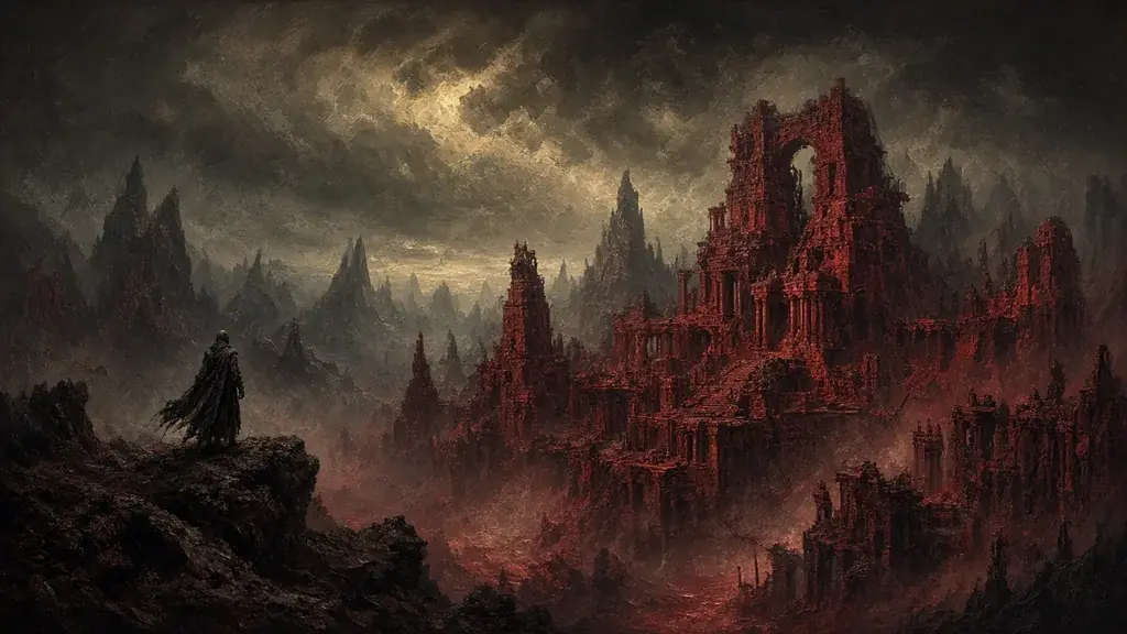 Painting of a ruined blood-red temple city on a storm-dark alien continent