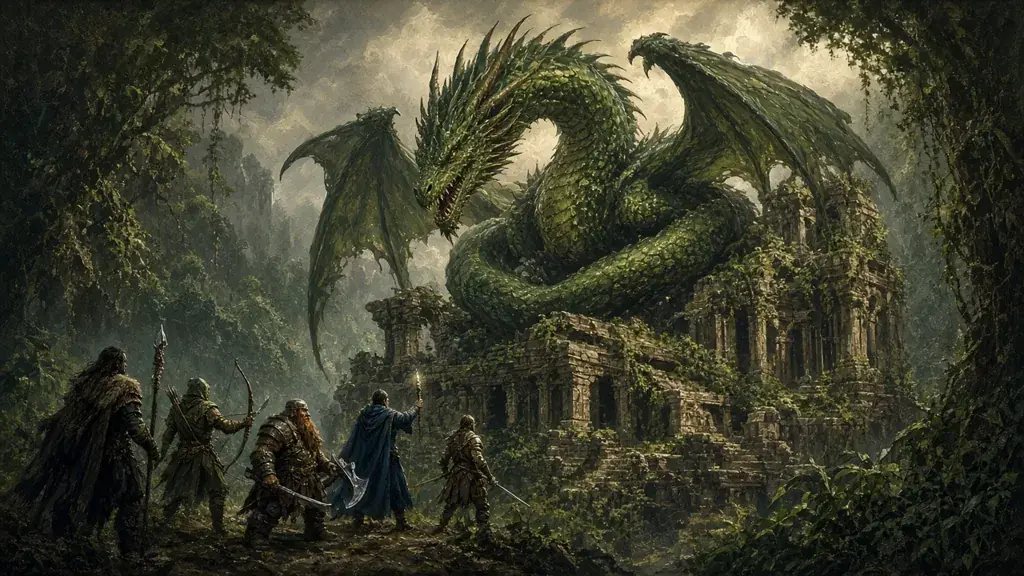Painting of a green dragon coiled on a ruined jungle temple as a raid party gathers below