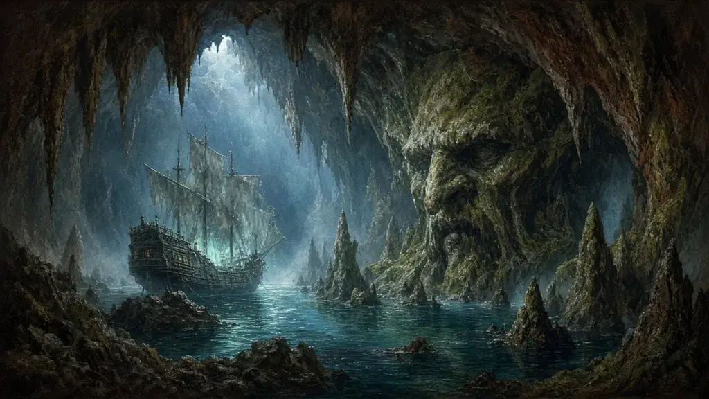 Painting of a ghostly pirate ship moored in a hidden lagoon under a troll island cavern