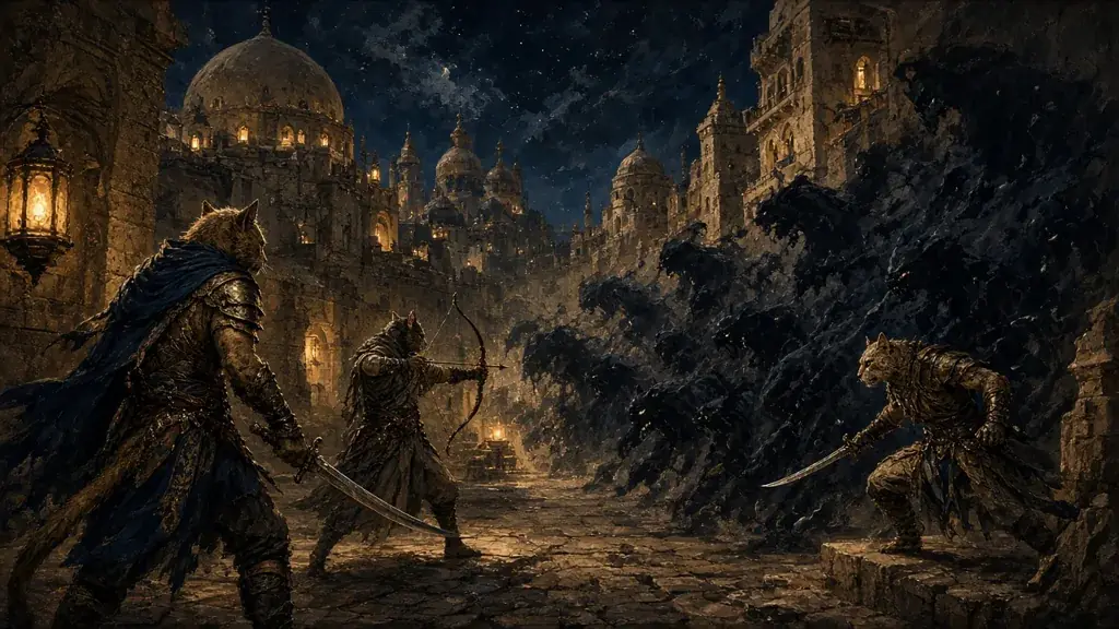 Painting of a besieged cat-folk city at night with shadow creatures pouring through the streets