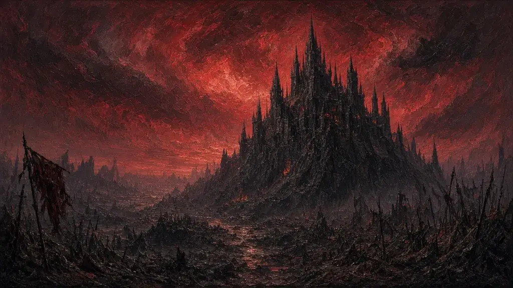 Painting of a towering dark citadel above a shattered war-torn plain under a crimson sky