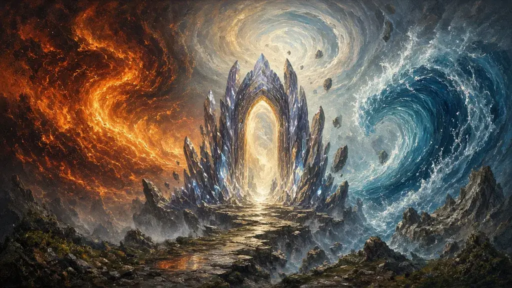 Painting of a radiant crystal gateway in a timeless plane with elemental storms swirling around it