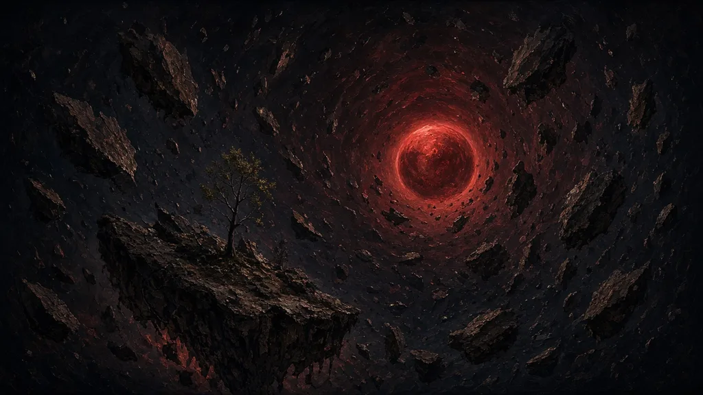 Painting of a shattered world of floating rock shards orbiting a dimming red sun