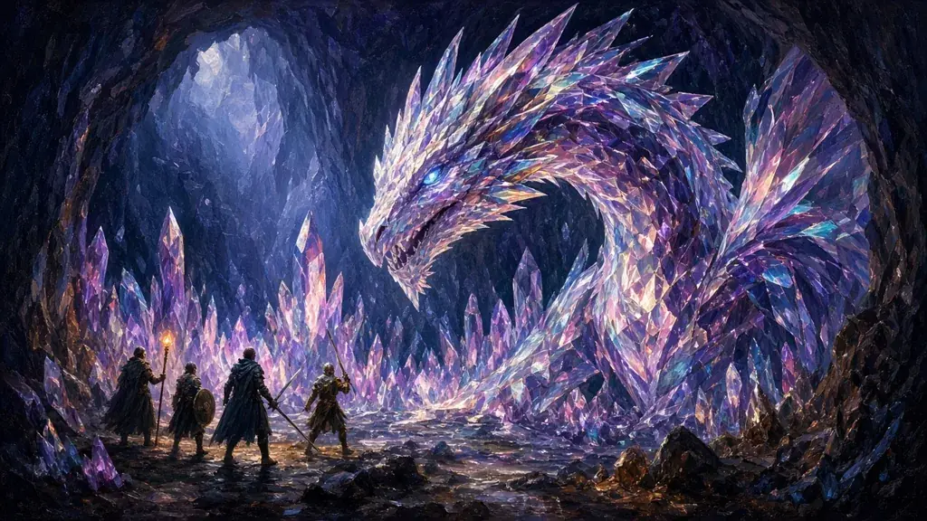 Painting of a crystal cavern lair where a prismatic dragon looms over a raid of adventurers
