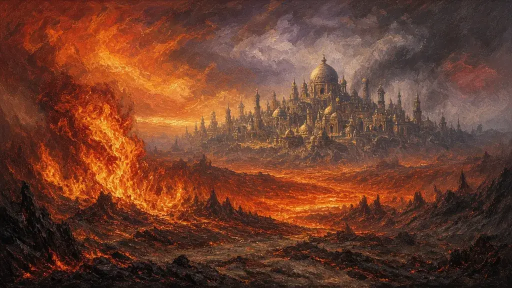 Painting of a burning elemental plain of fire with a jann city of smoke on the horizon