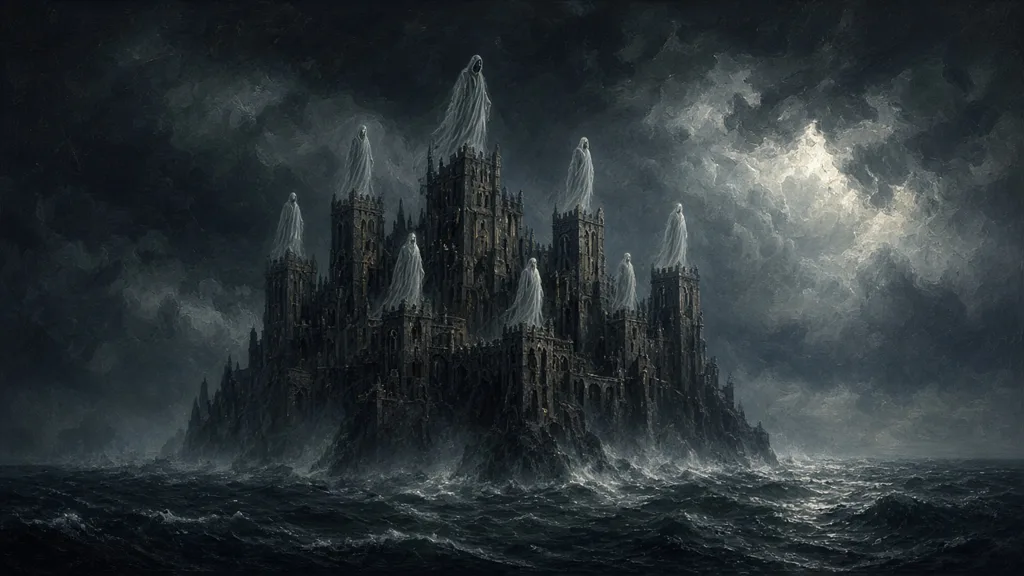 Painting of a fortress of the mind on a dark sea with spectral principals on its towers