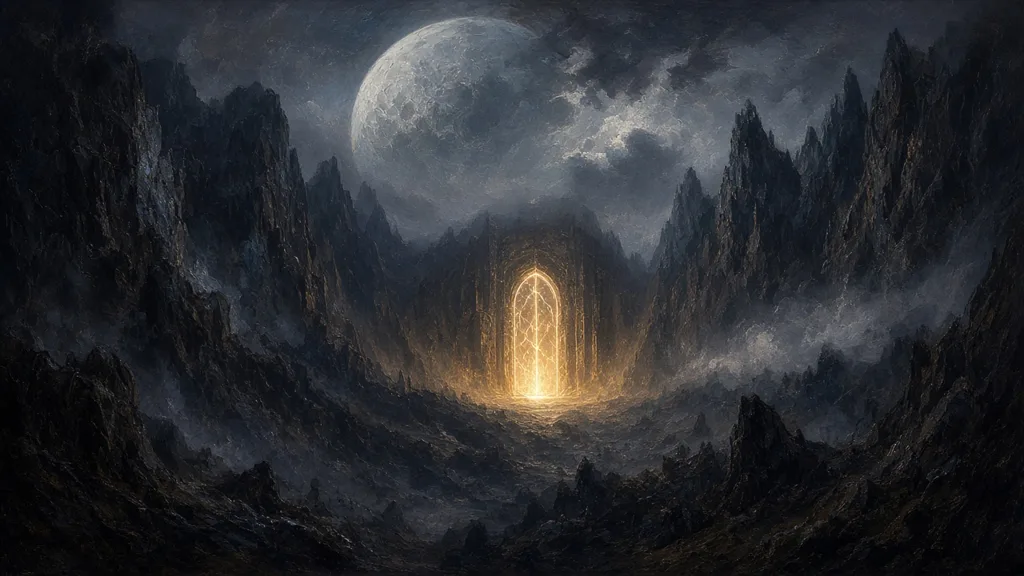 Painting of a shadow-drenched moon valley with a sealed gate of light at its center