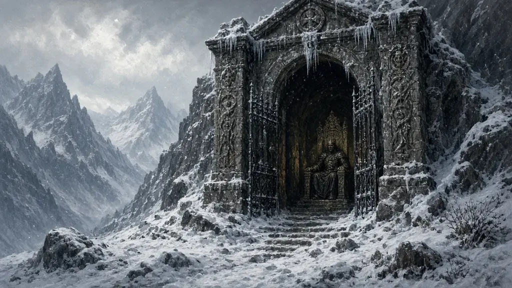 Painting of a frozen crypt gate in a snowy valley with a shadowy king on a throne inside