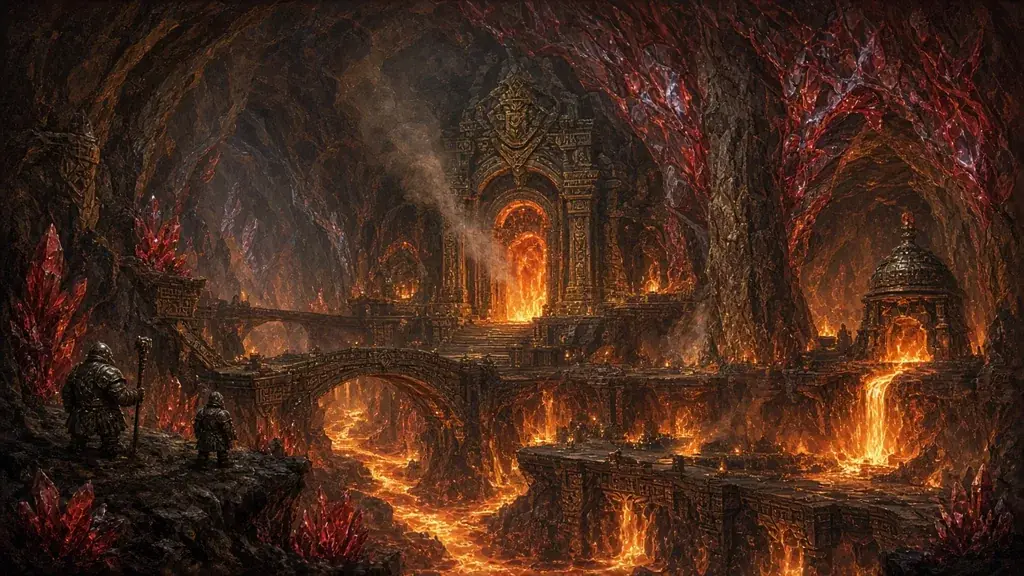 Painting of a vast underground dwarven temple glowing with molten forges and crystal veins