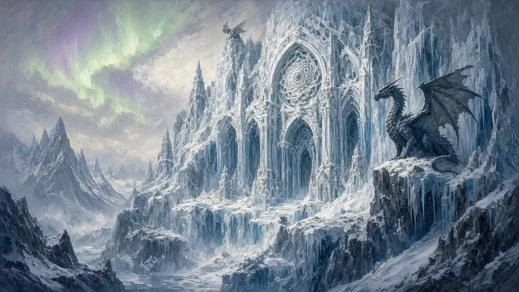 Painting of a vast ice temple of dragons carved into a frozen cliff under a pale aurora