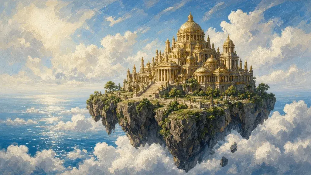 Painting of a golden temple of order on a floating isle above a bright ocean