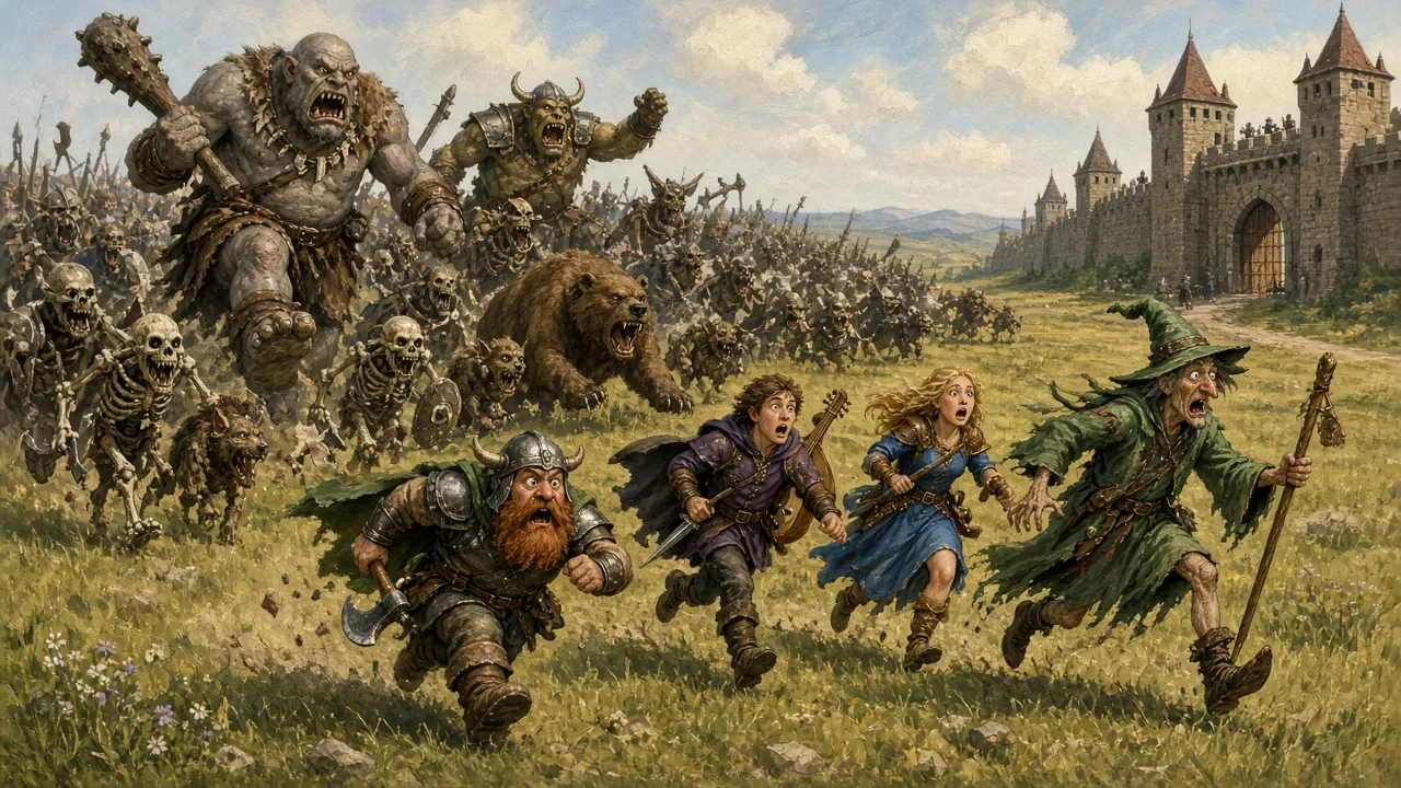 Cartoon adventurers fleeing a horde of monsters toward a castle gate