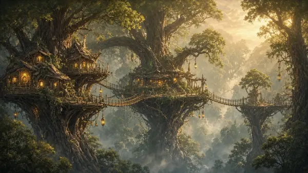 Elven treetop city on wooden platforms